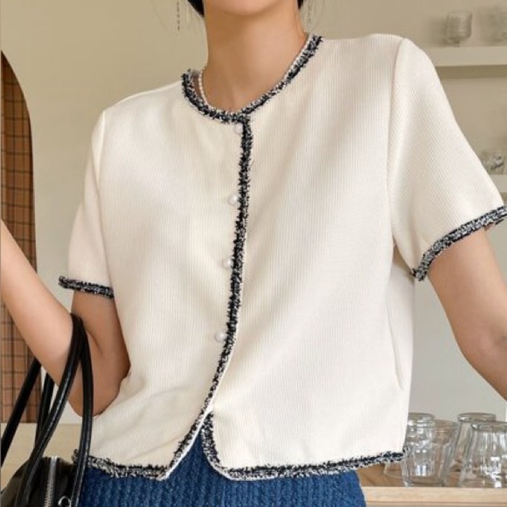 White Short Sleeve Cardigan with Black Trim